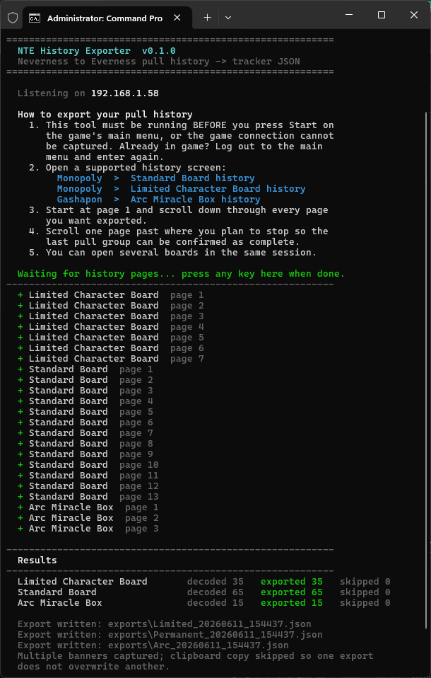 Live capture session: instructions, captured pages, and the results summary